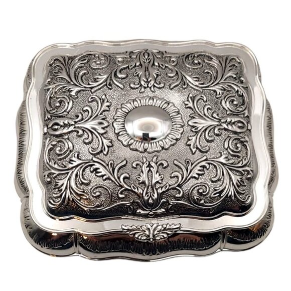 Godinger Silverplated Baroque Jewelry Box W/ Red Velvet Interior Victorian Style - Picture 2 of 9